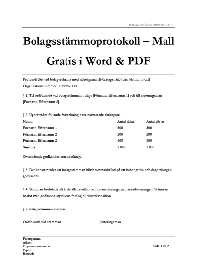 Mall Bolagsstämmoprotokoll